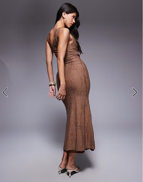 ASOS DESIGN draped one shoulder maxi dress with ladder fabric in chocolate
