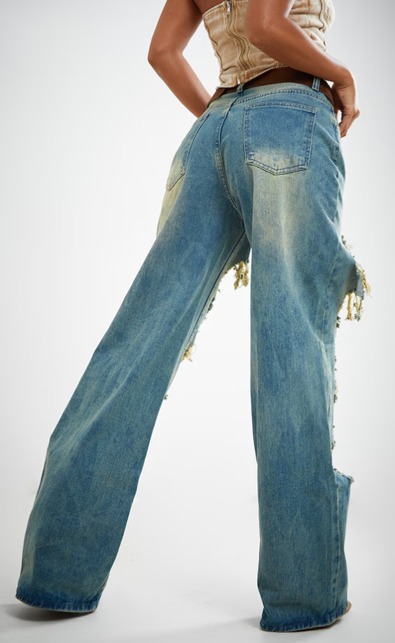 Indigo Vintage Wash Extreme Rip Front Straight Leg Jeans