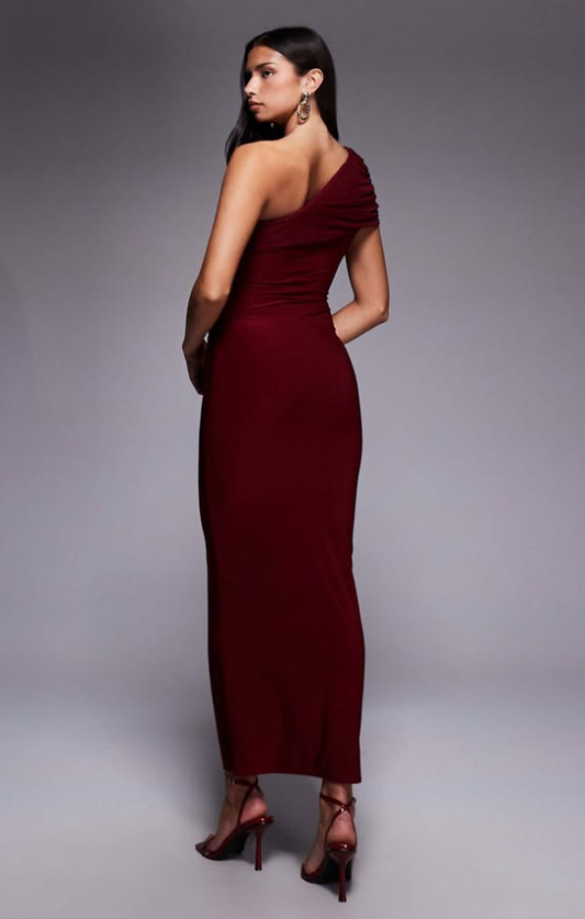 Kaiia - exclusive double layered slinky mesh one shoulder drape detail maxi dress in burgundy