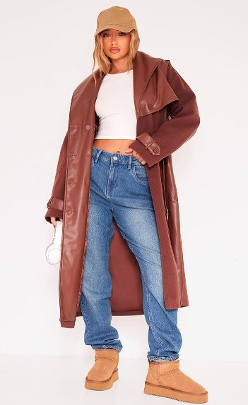 Chocolate Contrast Faux Leather Wool Look Belted Trench Coat