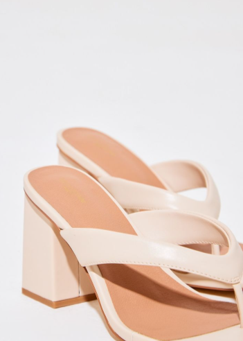 Nude Wide Fit PU Square Toe Thong Mid Block Heeled Mules