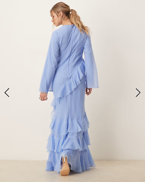 ASOS DESIGN fluted long sleeve extreme ruffle maxi dress in blue