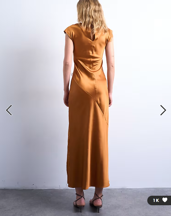 Topshop satin drape neck maxi dress with lace trim in caramel