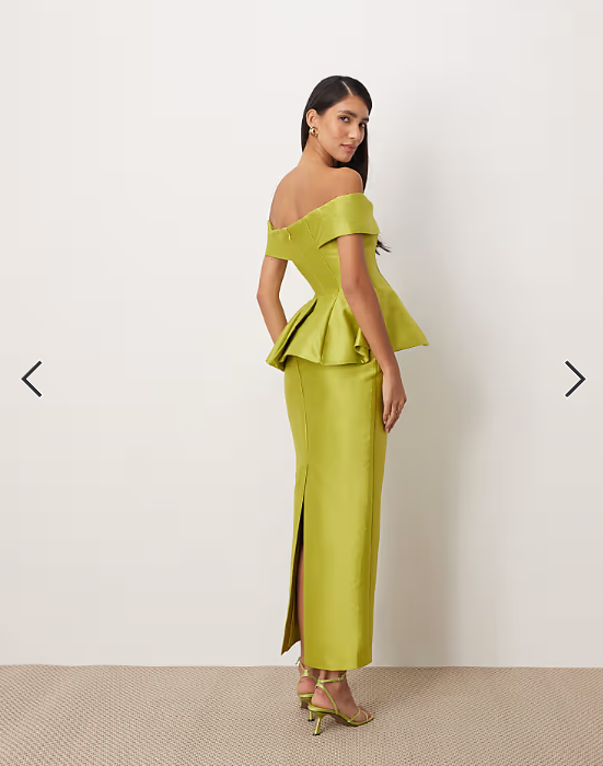 ARRANGE structured off the shoulder satin maxi dress in lime