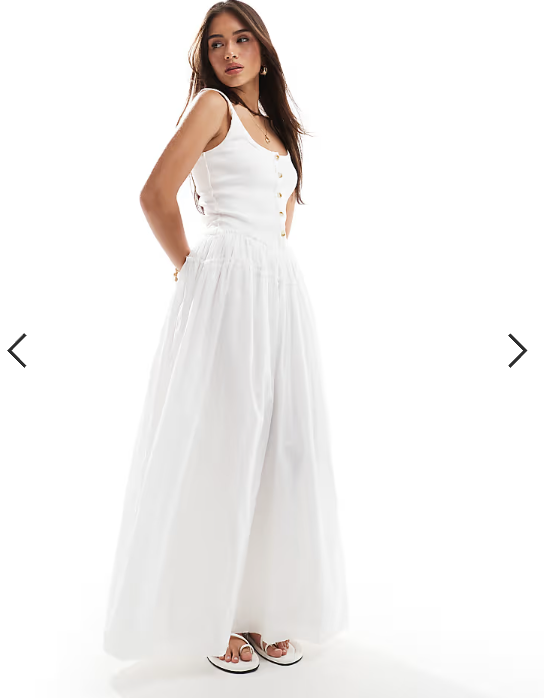 ASOS Design scoop button ribbed bodice with poplin skirt maxi in white