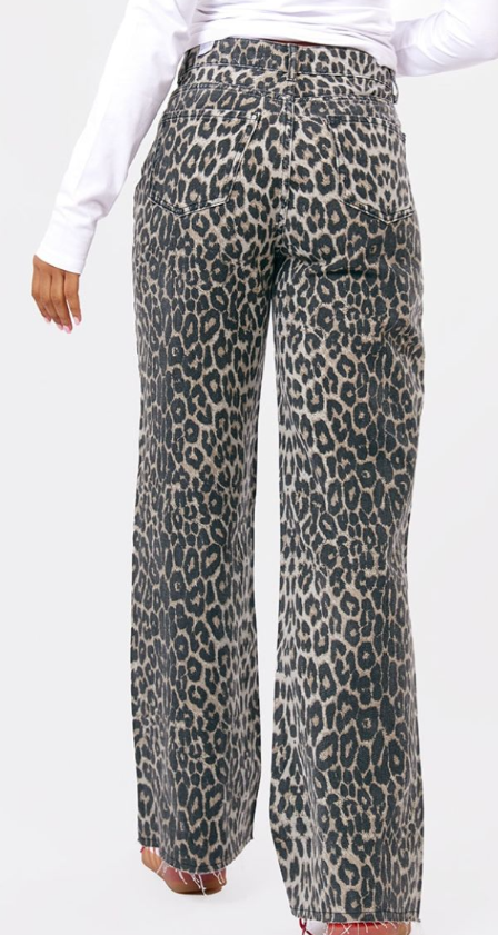 Brown Leopard Print Denim Wide Leg Denim Jean