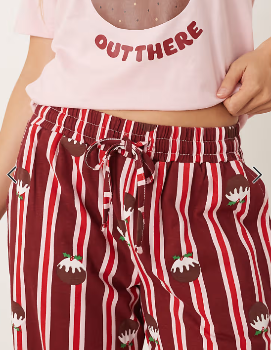Threadbare short sleeve christmas pudding pyjamas with stripe trouser in pink and red SET
