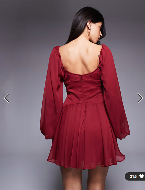 ASOS DESIGN puff sleeve chiffon lace up mini skater dress in burgundy