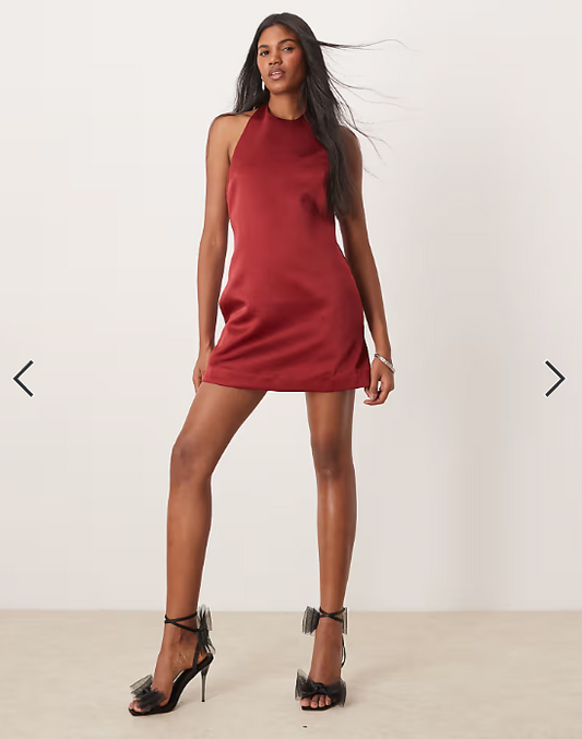 Six Stories satin mini shift dress in ruby red