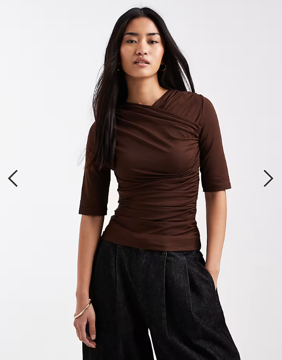 ASOS DESIGN short sleeve with wrap detail and ruching top in brown