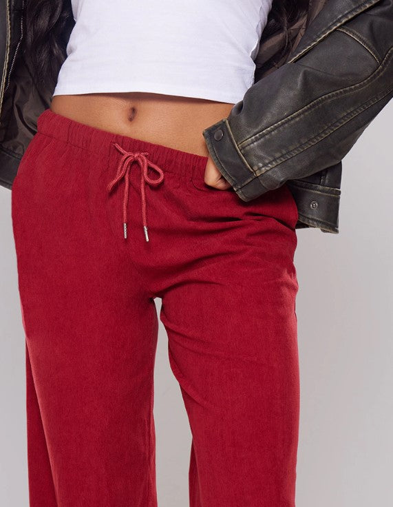 Burgundy Cord Tie Waist Low Rise Trousers