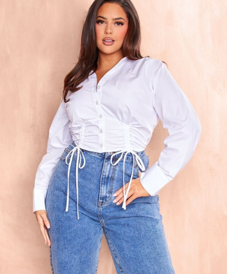 Plus White Gathered Tie Detail Long Sleeve Cropped Shirt