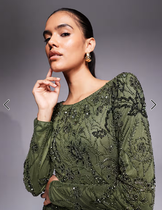 Beauut fully embellished beaded mesh overlay slash neck maxi dress in green