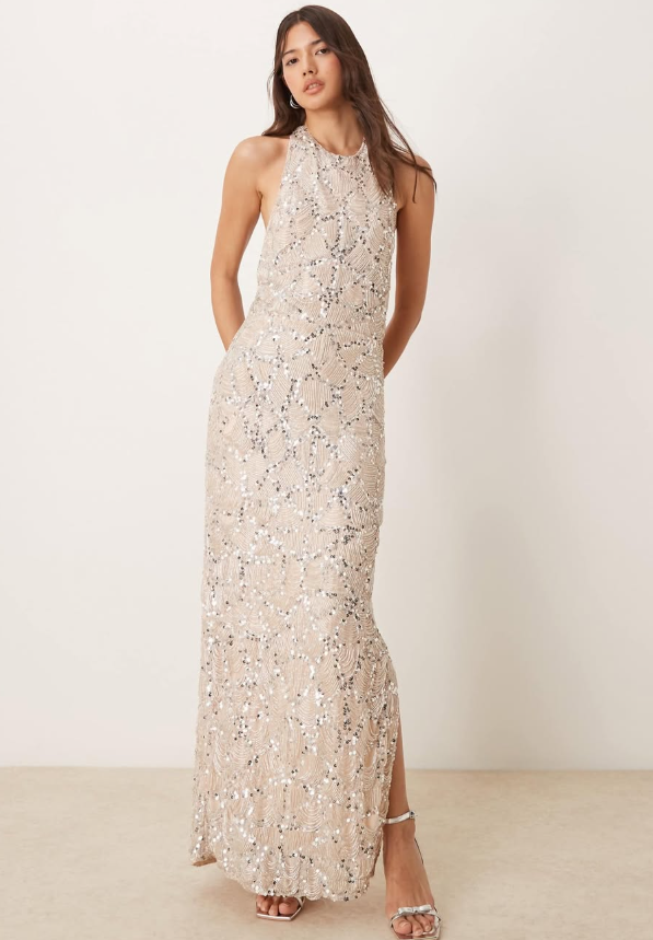 Asos - embellished drape front halter midi dress in silver