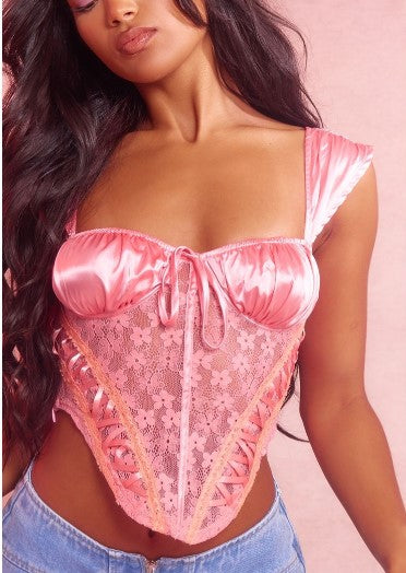 Coral Floral Ribbon Lace Up Detail Corset