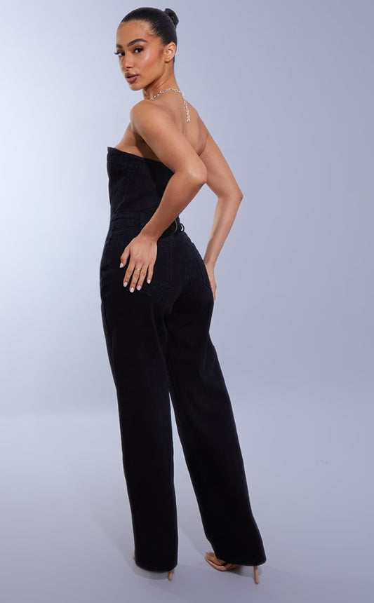 Petite Washed Black Bandeau Denim Jumpsuit