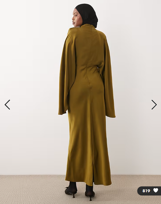 ASOS DESIGN funnel neck satin maxi dress with exaggerated sleeves in olive green