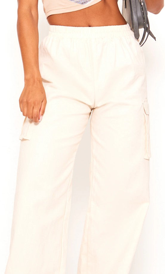 Cream Wide Leg High Waisted Cargo Trousers