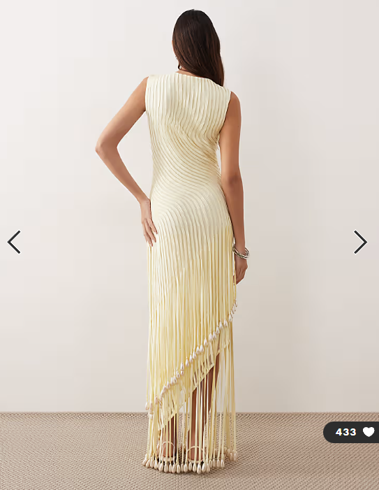 ARRANGE wave linear pearl droplet fringe hem maxi dress in butter yellow