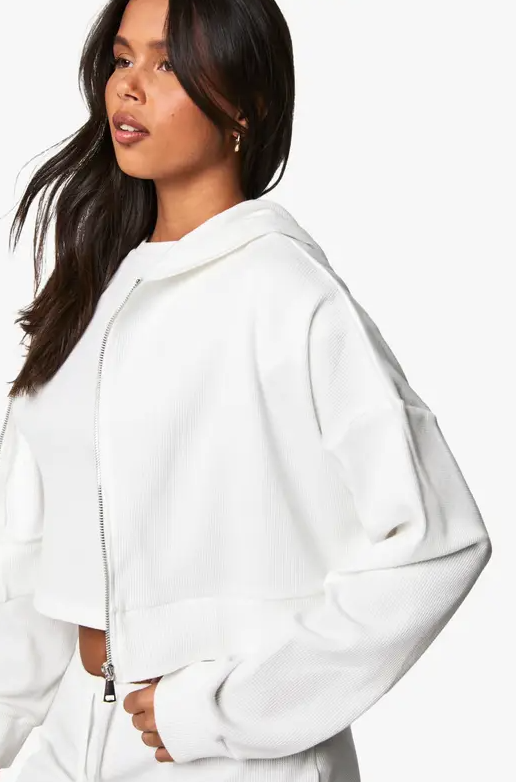 Boohoo - Waffle Zip Through Boxy Crop Hoodie