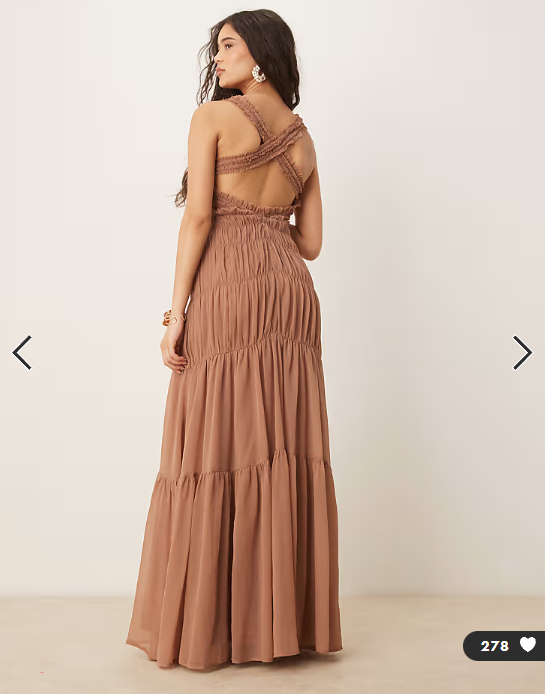 ASOS DESIGN shirred tiered ruffle trim maxi dress in mauve
