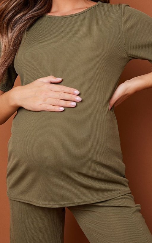 Maternity Olive Rib Oversized Short Sleeved T Shirt