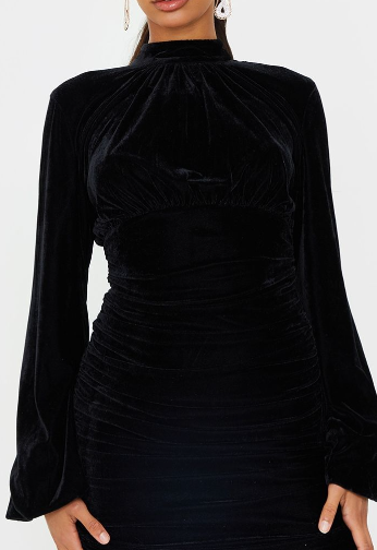 Black Velvet High Neck Ruched Balloon Sleeve Bodycon Dress