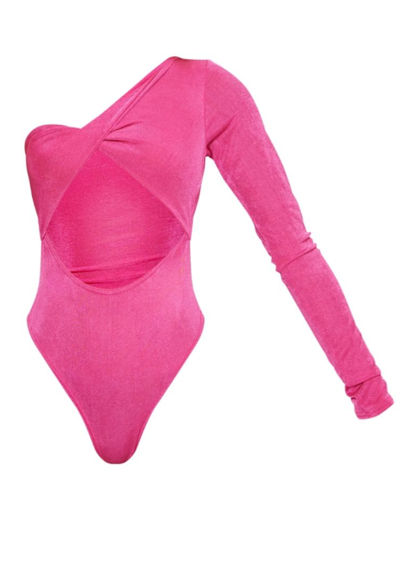 Hot Pink Acetate Slinky One Shoulder Cut Out Bodysuit