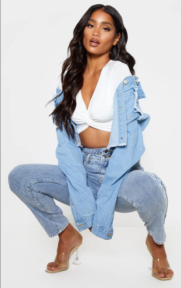 White Slinky Long Sleeve Twist Front Crop Top