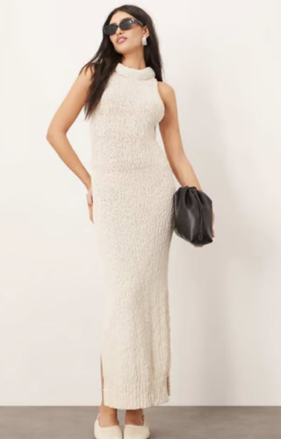 ARRANGE boucle open knit racer maxi dress in off white