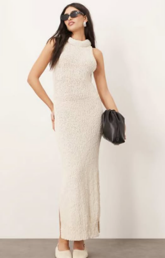 ARRANGE boucle open knit racer maxi dress in off white