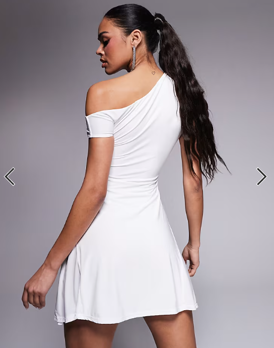 Kaiia exclusive double layered slinky off shoulder drape detail fitted waist mini skater dress in white