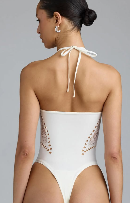 Oh-Polly-Lace-Up Halterneck Bodysuit in Ivory