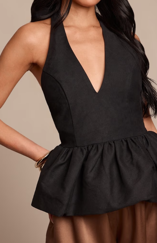 Prettylittlething Black Woven Halterneck Peplum Top