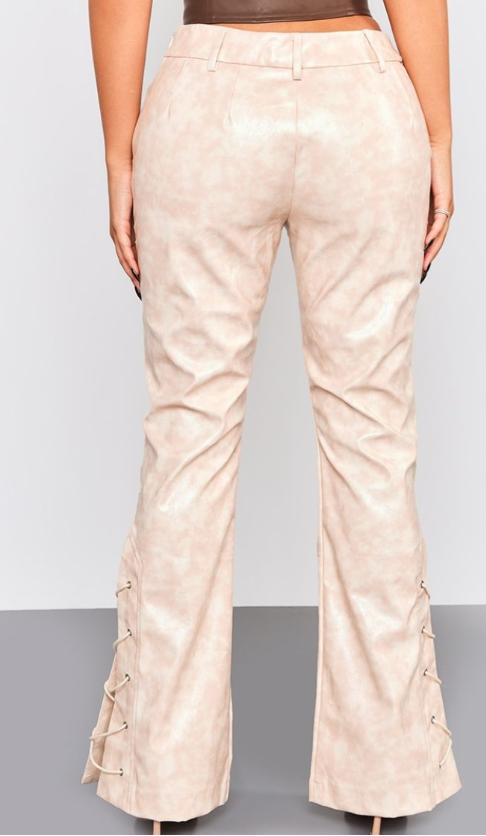 Plt - Petite Beige Faux Leather Lace Up Leg Trousers