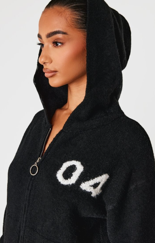 Petite Black Knitted Zip Up Embroidered Hoodie