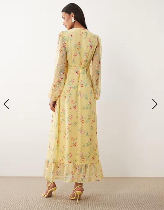 Vila dobby wrap maxi dress with frill detail in pastel yellow floral print