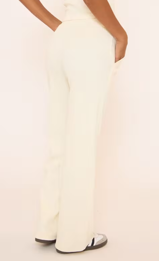 Tie Waist Wide Leg Trousers In Cream Rib