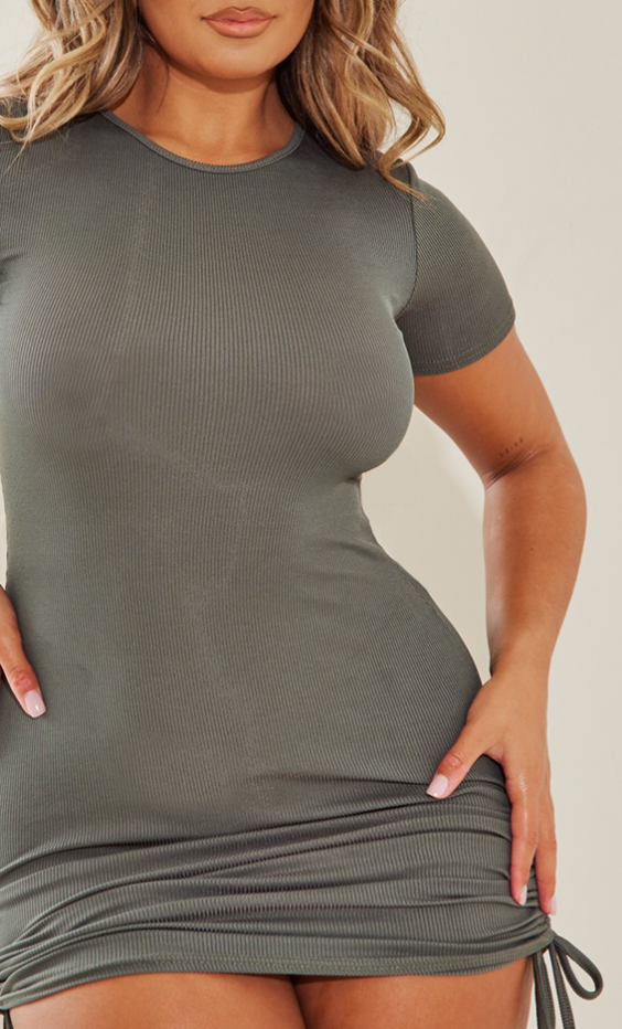 Shape Moss Khaki Rib Short Sleeve Ruched Side Bodycon Dress