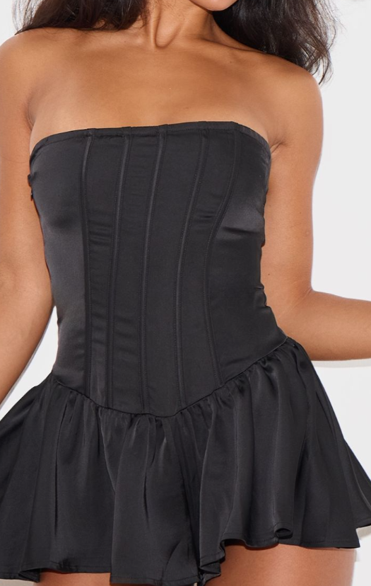Black Satin Corset Detail Bandeau Playsuit