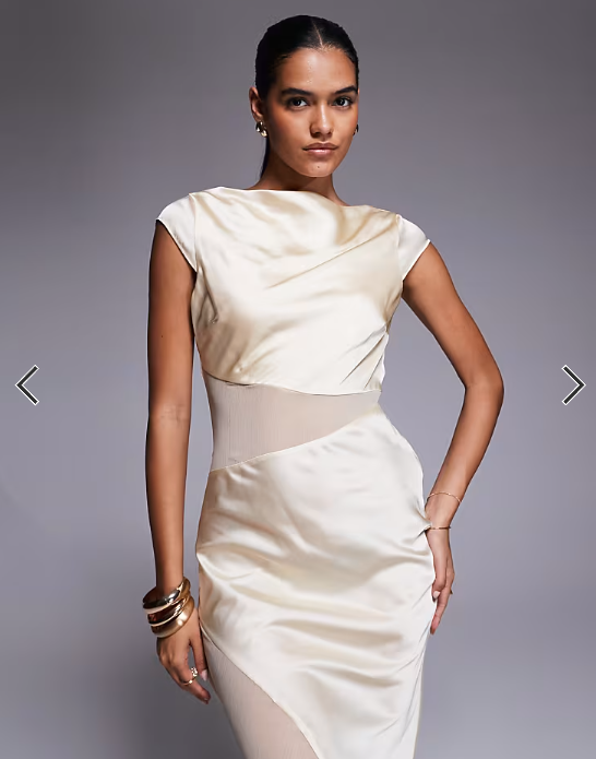ASOS DESIGN cap sleeve satin midi dress with sheer chiffon panels in buttermilk