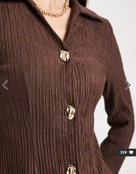 4th & Reckless textured rib collared long sleeve gold button through top co-ord in chocolate
