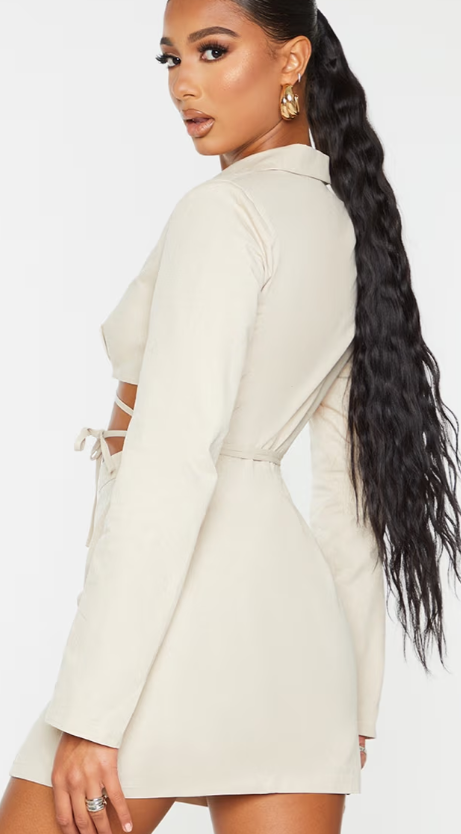 Plt - Stone Woven Cut Out Tie Waist Utility Style Blazer Bodycon Dress