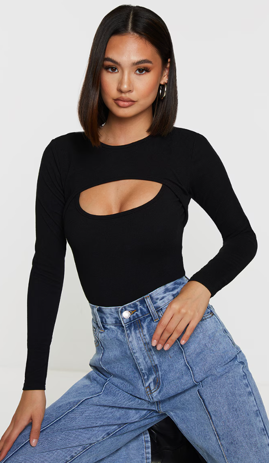 Black Rib Arm Warmer Cut Out Detail Bodysuit