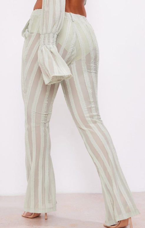 Sage Green Textured Woven Flare Trousers