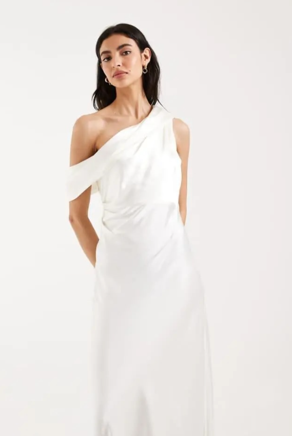 Six Stories Bridesmaids satin drape one shoulder maxi dress in ivory