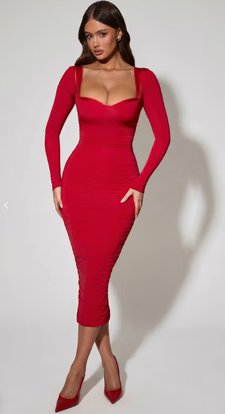 OhPolly - Layered Bra-Detail Ruched Midaxi Dress in Red