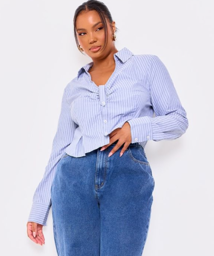 Plt - Plus Blue Striped Ruching Detail Shirt