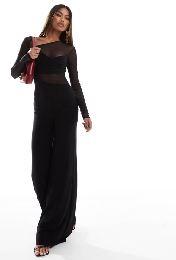 Asos - long sleebe mesh mix jumpsuit with twist bust in blaxk