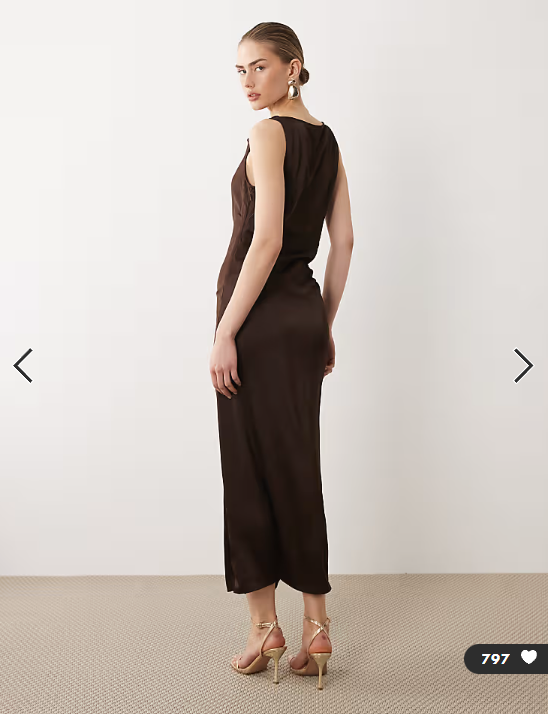 VILA cowl neck satin midi dress in chocolate brown